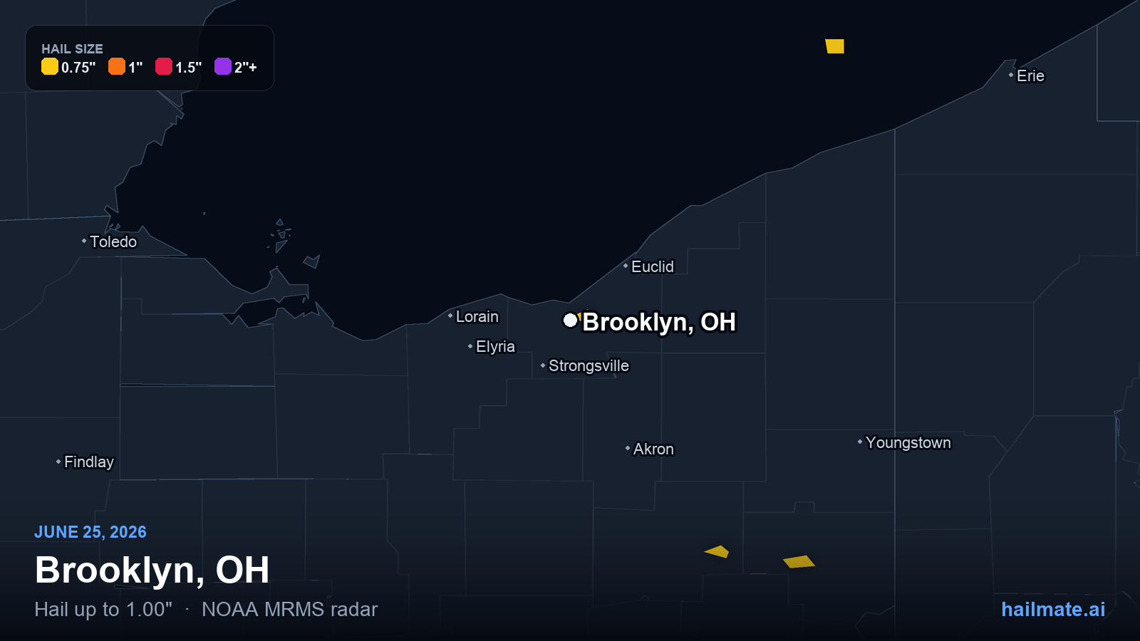 Hail swath map for Brooklyn, OH on June 25, 2026 showing 1.00 inch hail.