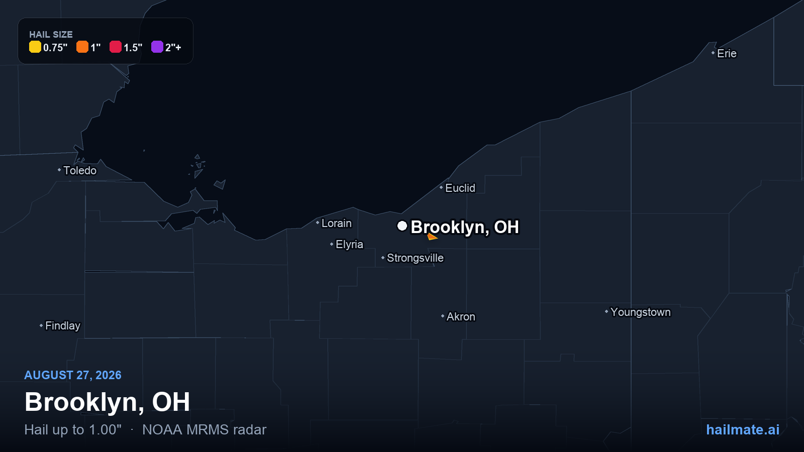 Hail swath map for Brooklyn, OH on August 27, 2026 showing 1.00 inch hail.
