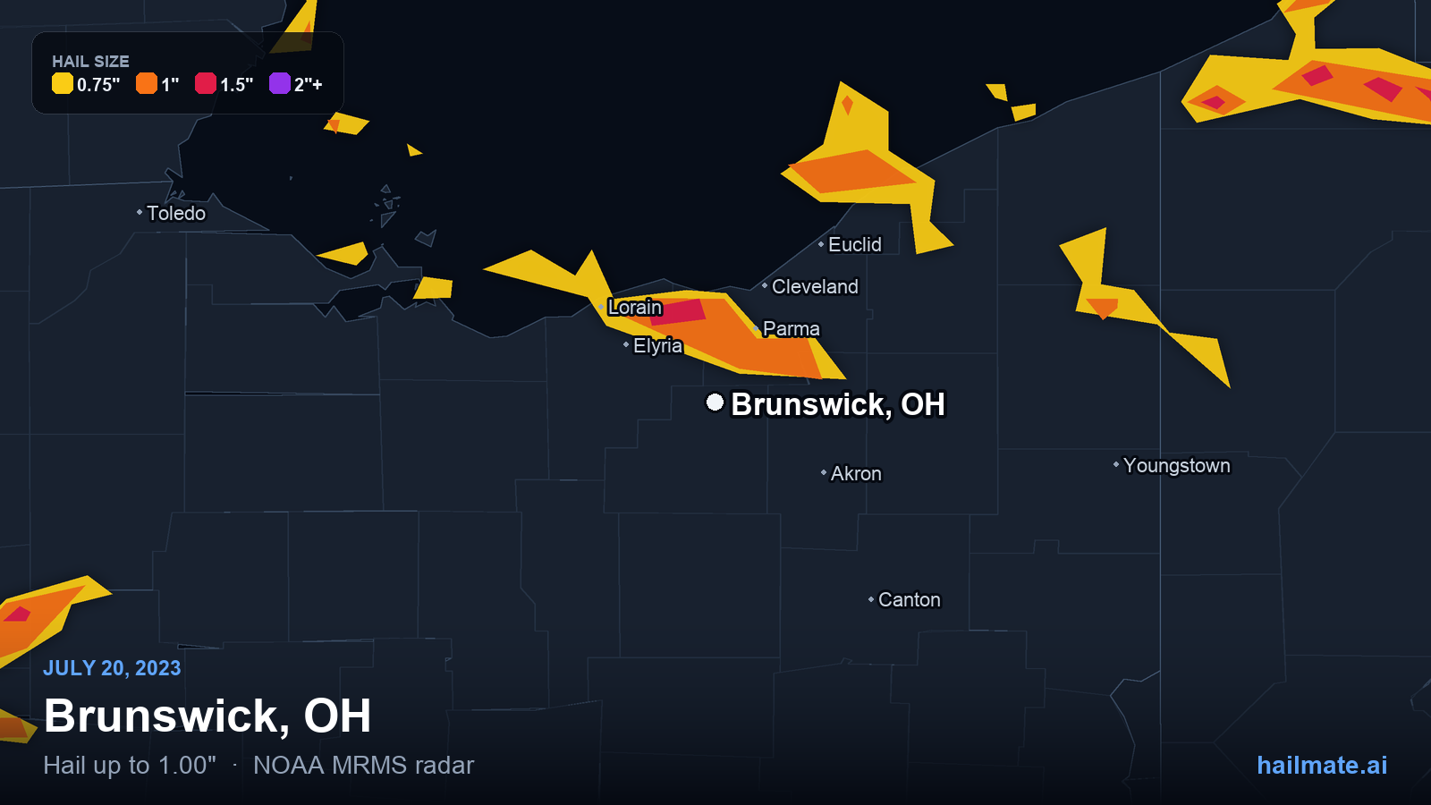 Hail swath map for Brunswick, OH on July 20, 2023 showing 1.00 inch hail.