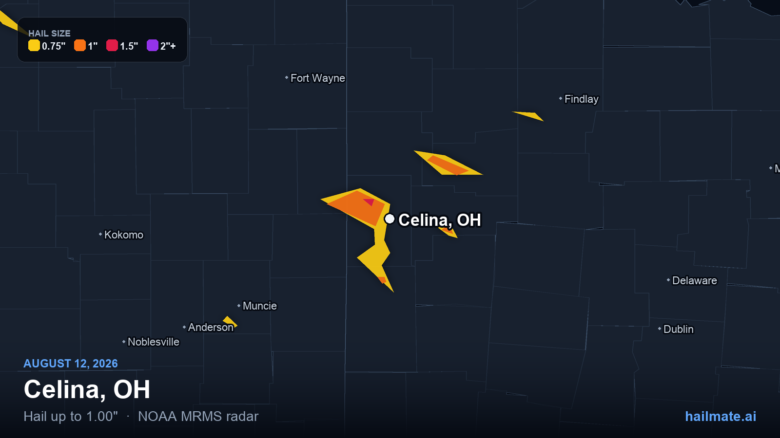Hail swath map for Celina, OH on August 12, 2026 showing 1.00 inch hail.