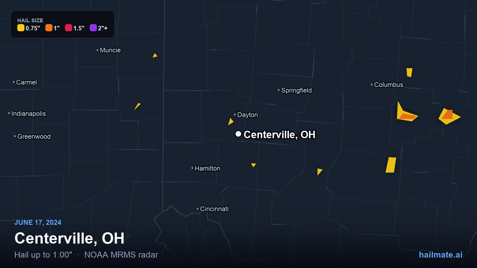 Hail swath map for Centerville, OH on June 17, 2024 showing 1.00 inch hail.