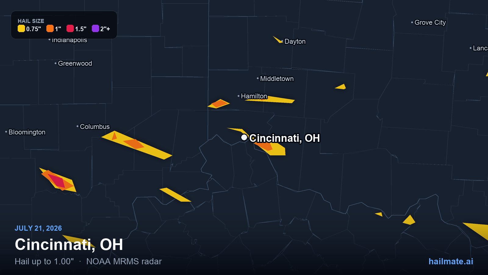 Hail swath map for Cincinnati, OH on July 21, 2026 showing 1.00 inch hail.