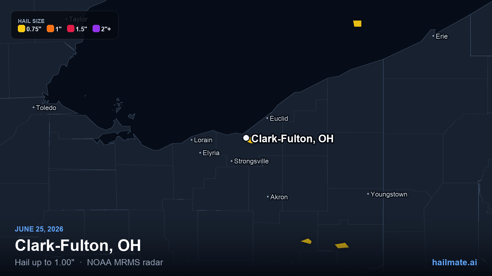 Hail swath map for Clark-Fulton, OH on June 25, 2026 showing 1.00 inch hail.