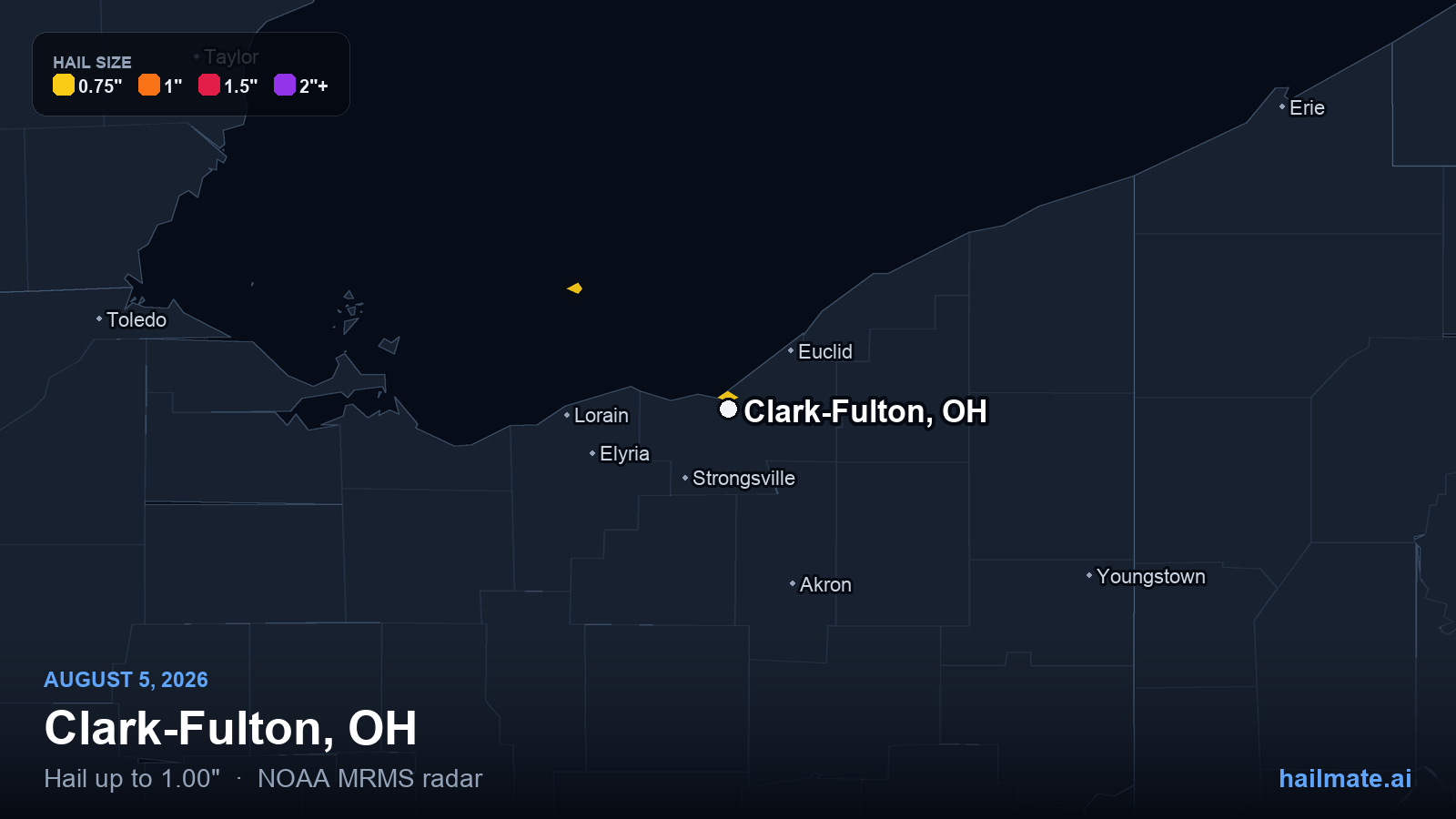 Hail swath map for Clark-Fulton, OH on August 5, 2026 showing 1.00 inch hail.