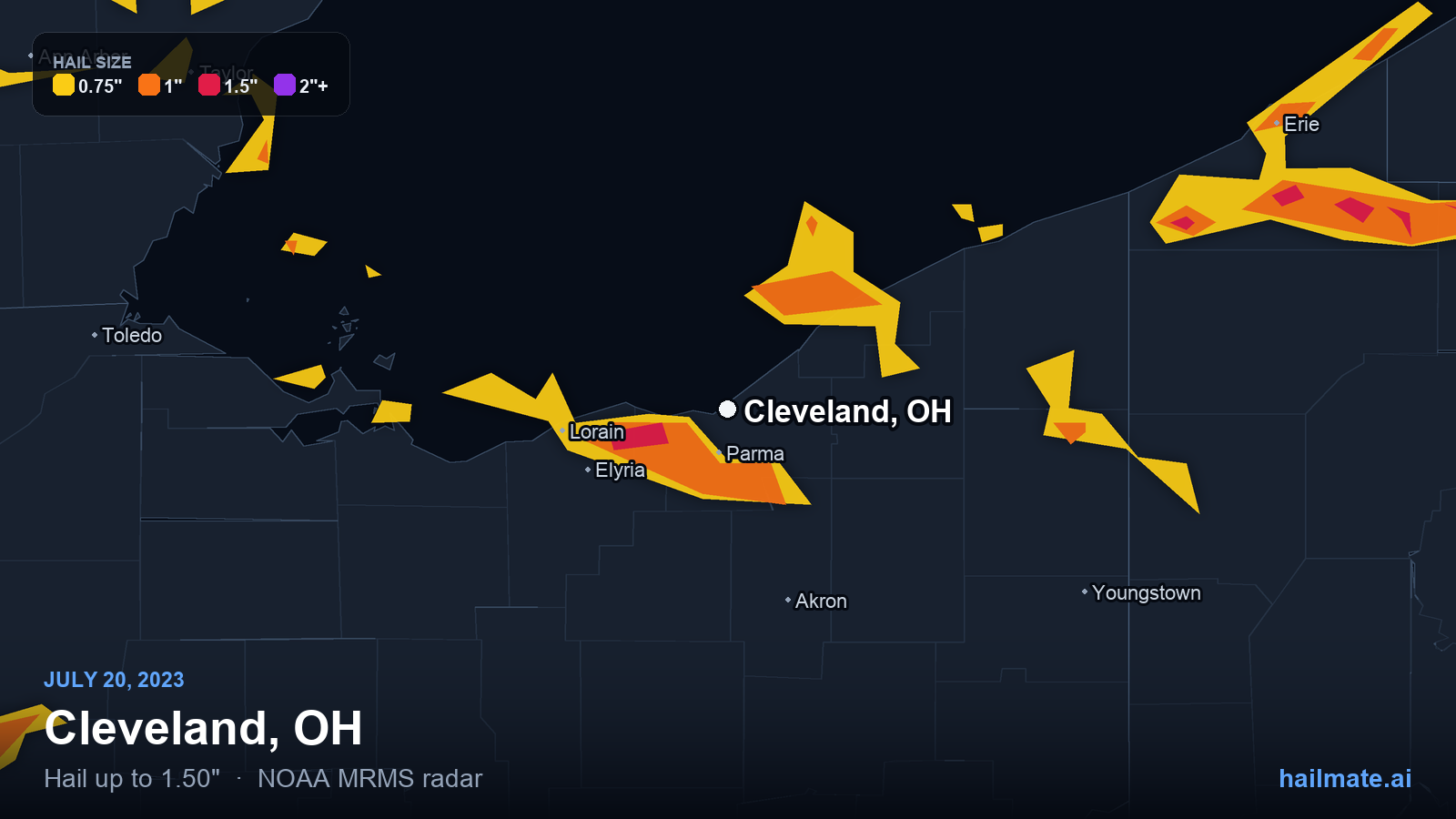 Hail swath map for Cleveland, OH on July 20, 2023 showing 1.50 inch hail.