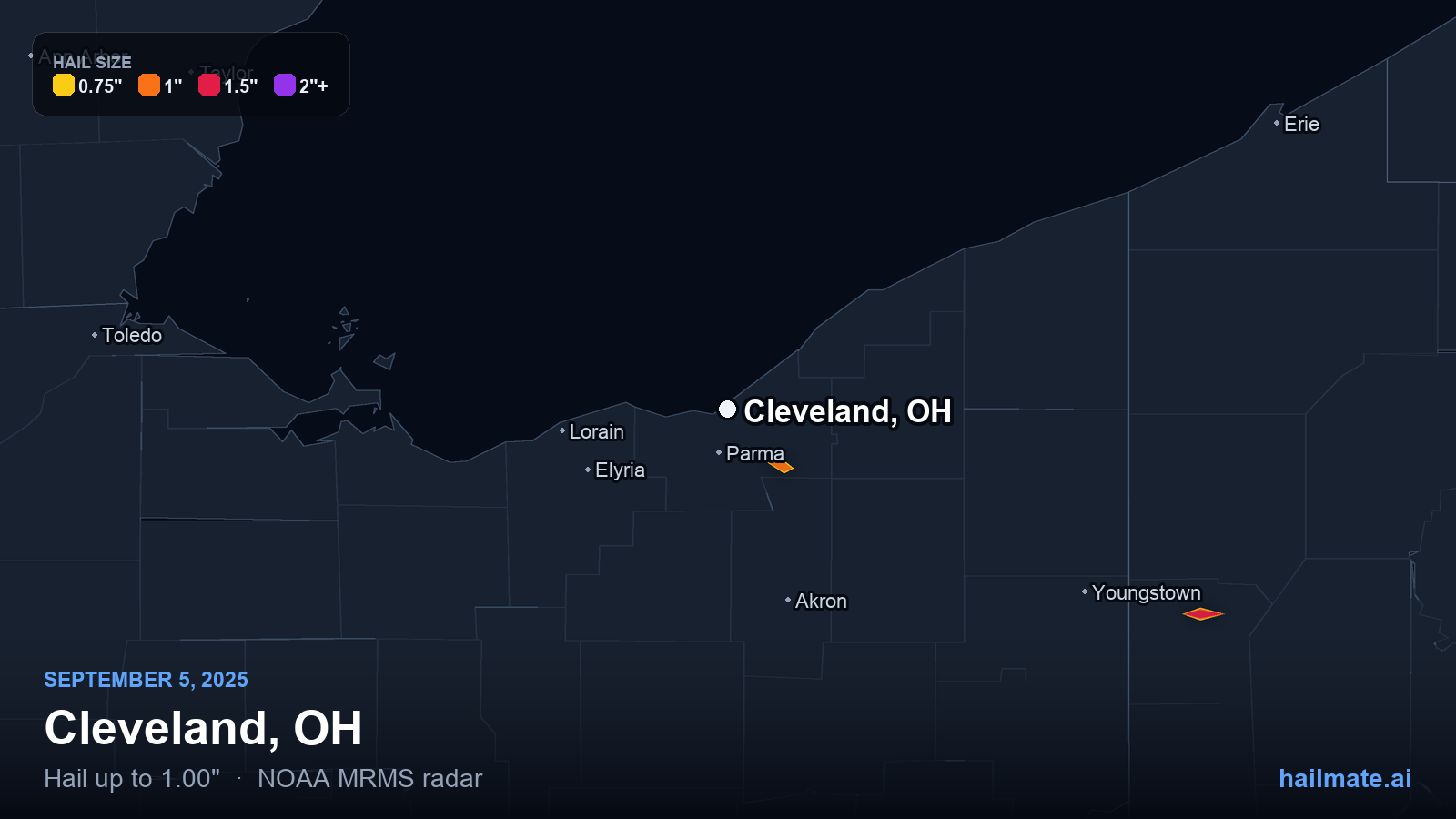 Hail swath map for Cleveland, OH on September 5, 2025 showing 1.00 inch hail.