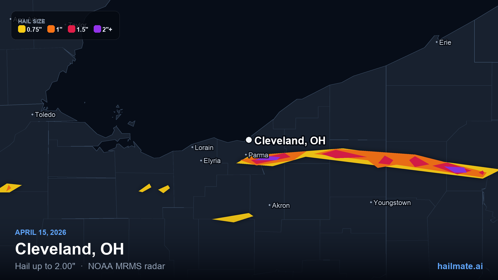 Hail swath map for Cleveland, OH on April 15, 2026 showing 2.00 inch hail.
