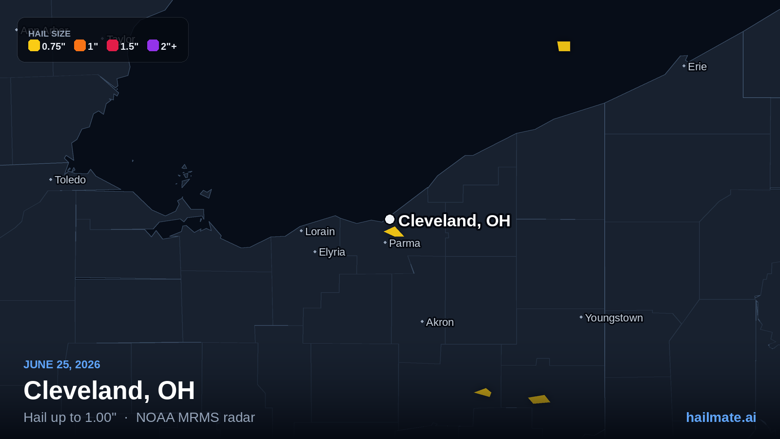 Hail swath map for Cleveland, OH on June 25, 2026 showing 1.00 inch hail.
