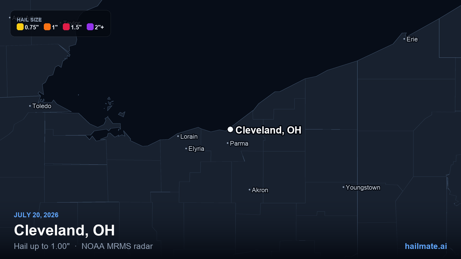Hail swath map for Cleveland, OH on July 20, 2026 showing 1.00 inch hail.