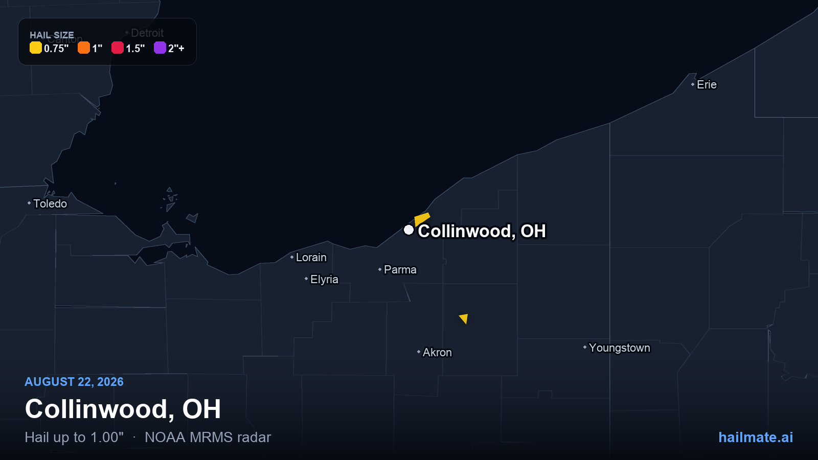 Hail swath map for Collinwood, OH on August 22, 2026 showing 1.00 inch hail.
