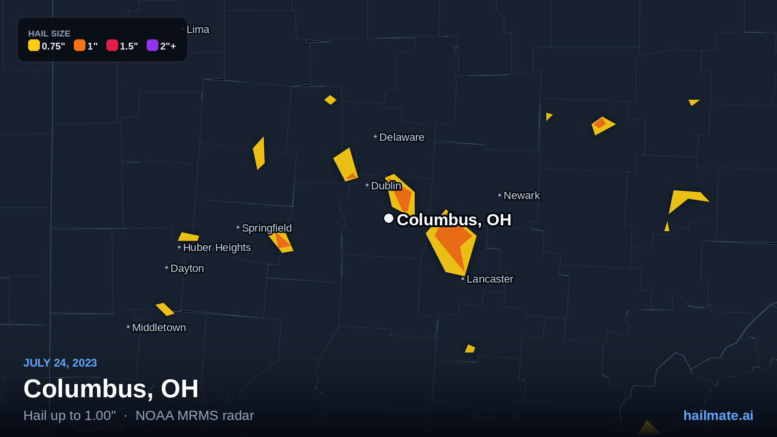 Hail swath map for Columbus, OH on July 24, 2023 showing 1.00 inch hail.