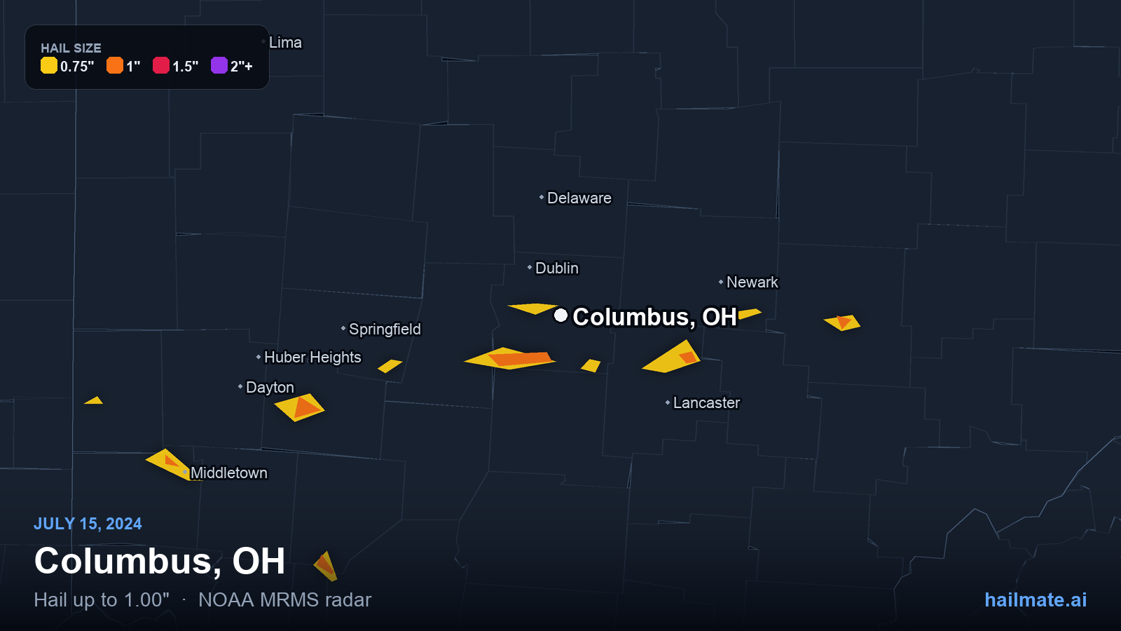 Hail swath map for Columbus, OH on July 15, 2024 showing 1.00 inch hail.