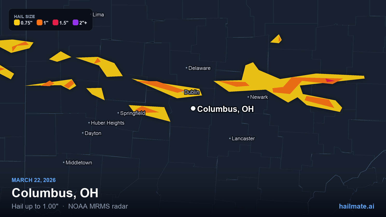 Hail swath map for Columbus, OH on March 22, 2026 showing 1.00 inch hail.