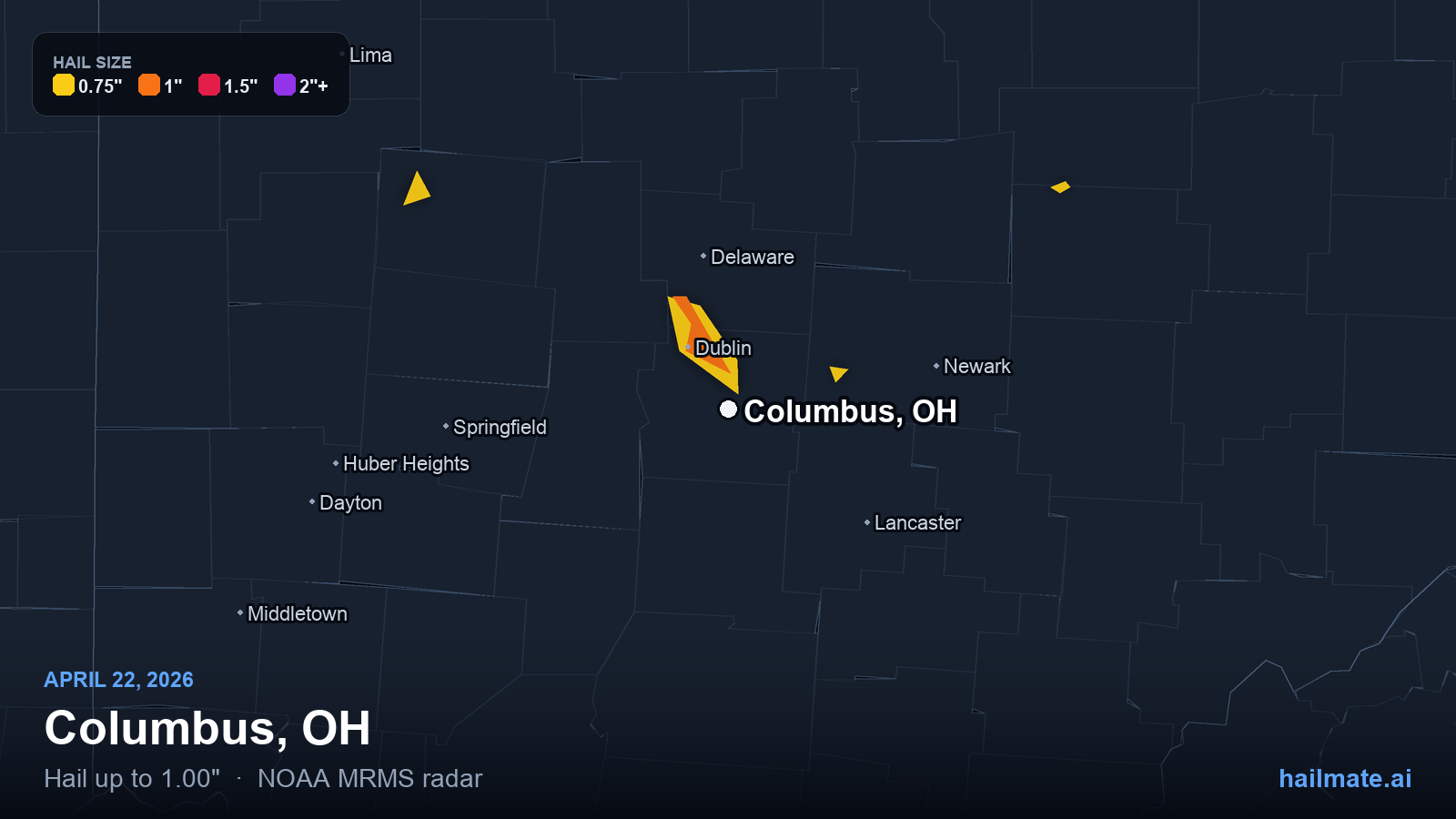 Hail swath map for Columbus, OH on April 22, 2026 showing 1.00 inch hail.