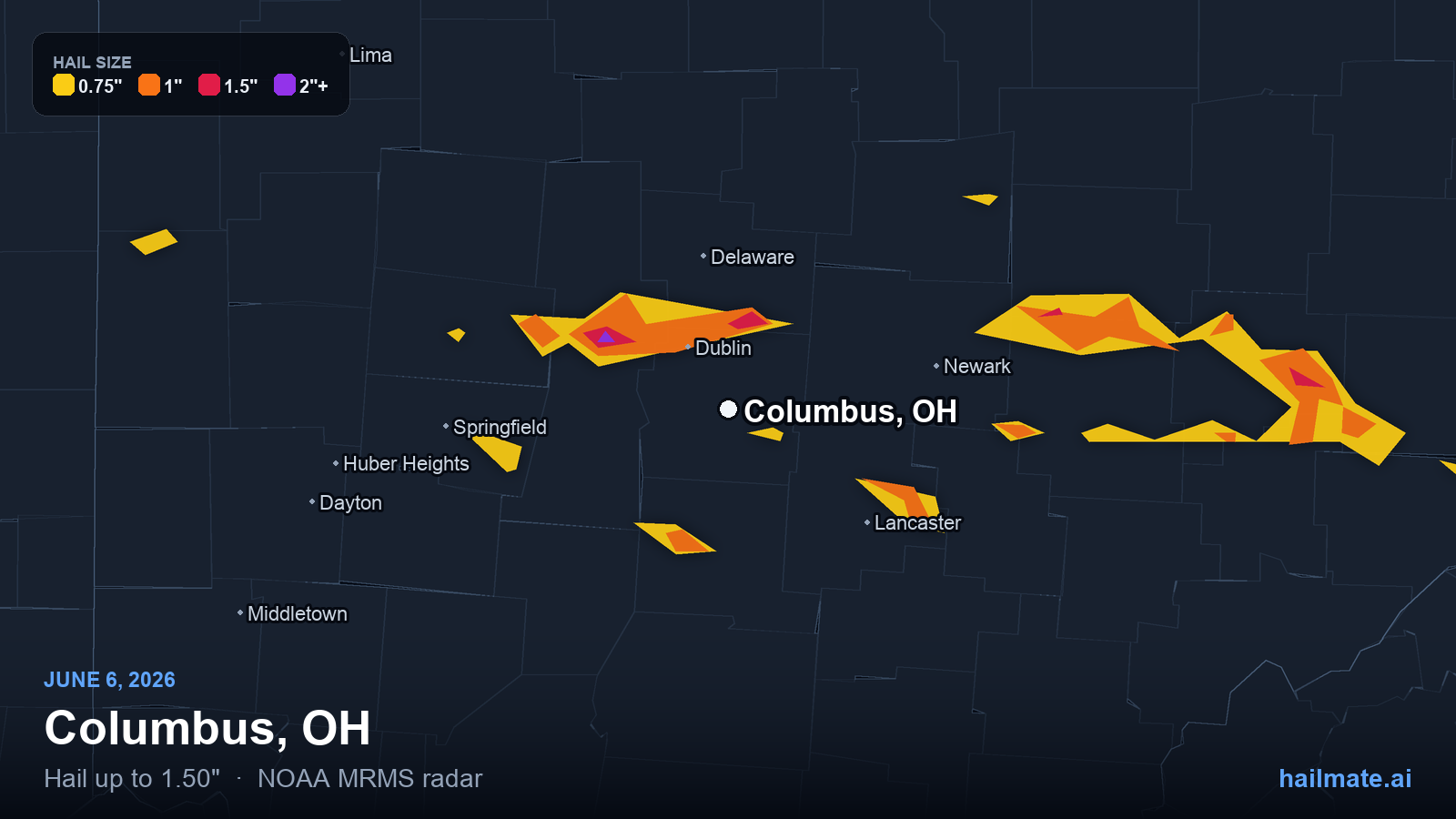 Hail swath map for Columbus, OH on June 6, 2026 showing 1.50 inch hail.
