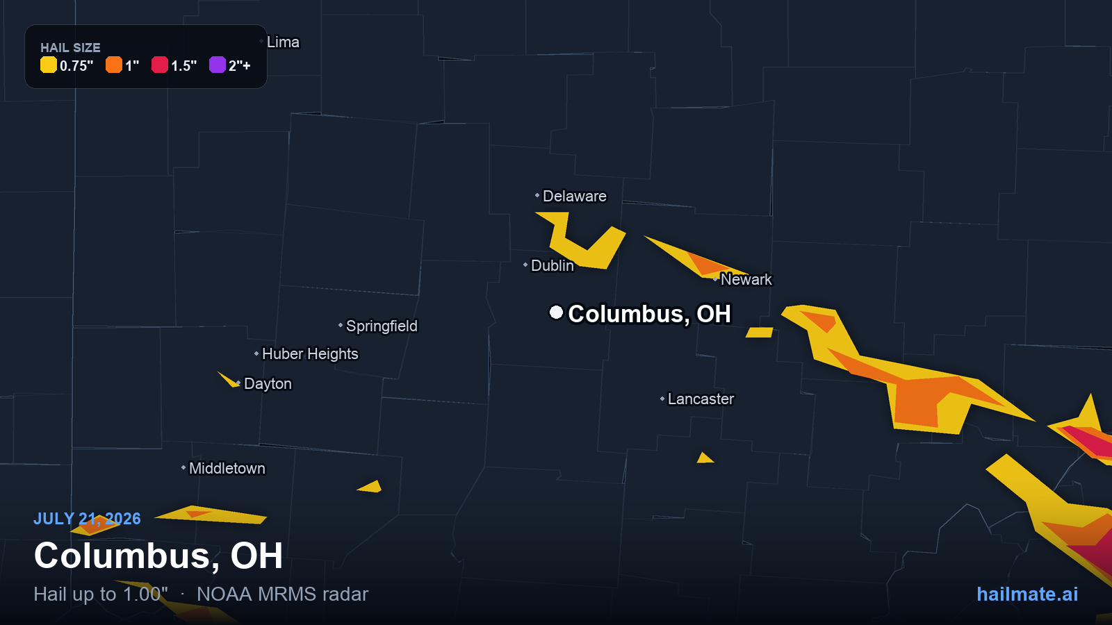 Hail swath map for Columbus, OH on July 21, 2026 showing 1.00 inch hail.