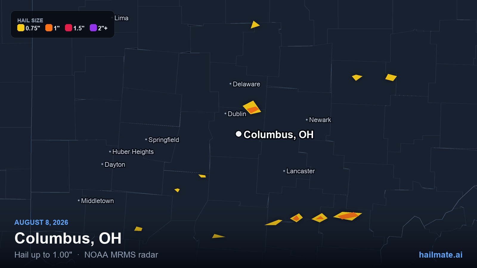 Hail swath map for Columbus, OH on August 8, 2026 showing 1.00 inch hail.