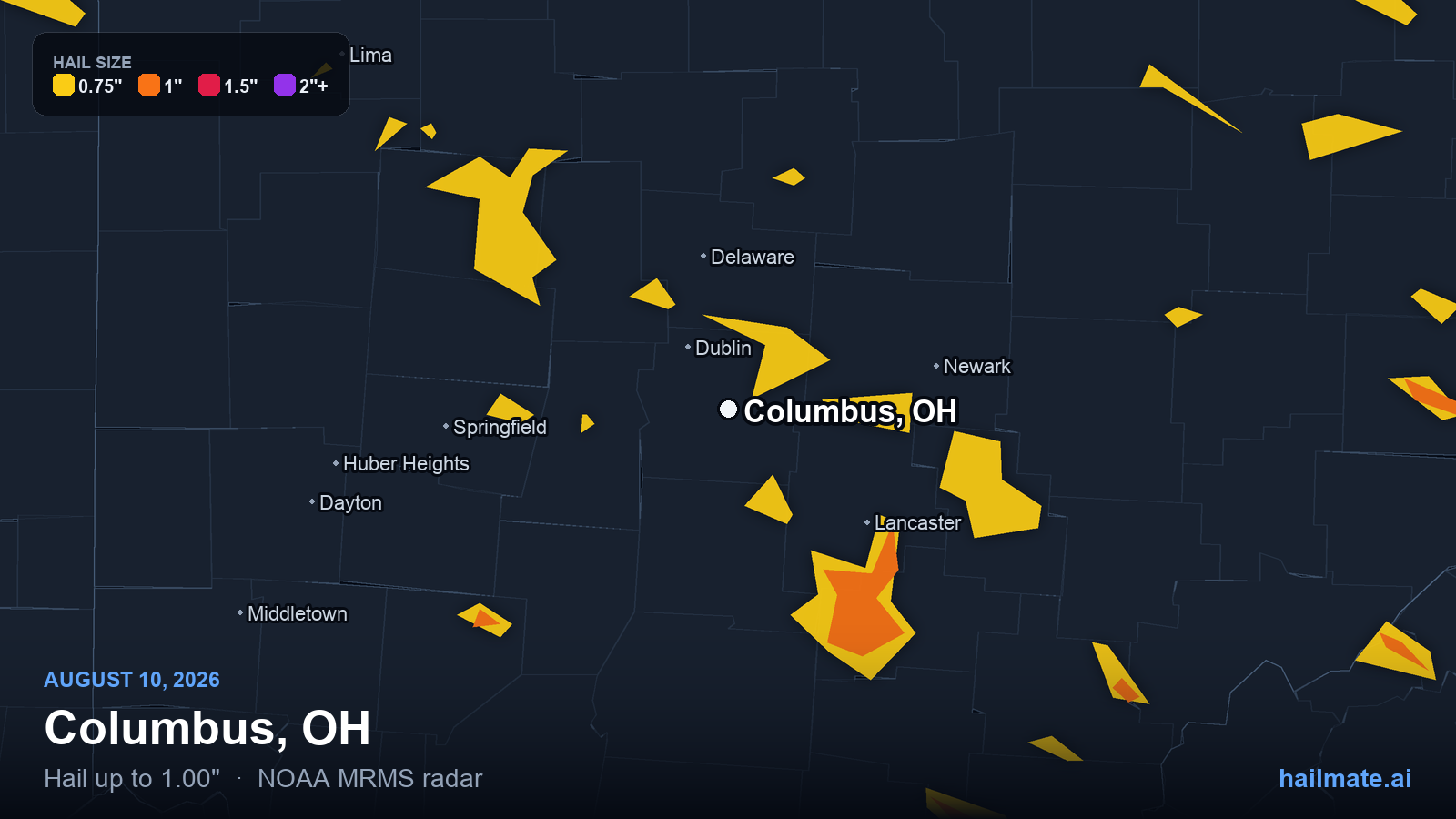 Hail swath map for Columbus, OH on August 10, 2026 showing 1.00 inch hail.