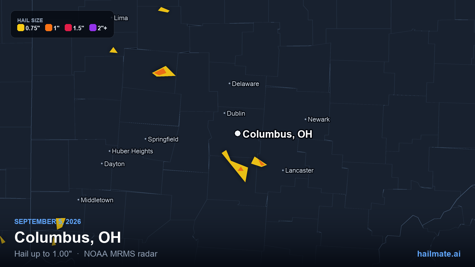 Hail swath map for Columbus, OH on September 5, 2026 showing 1.00 inch hail.