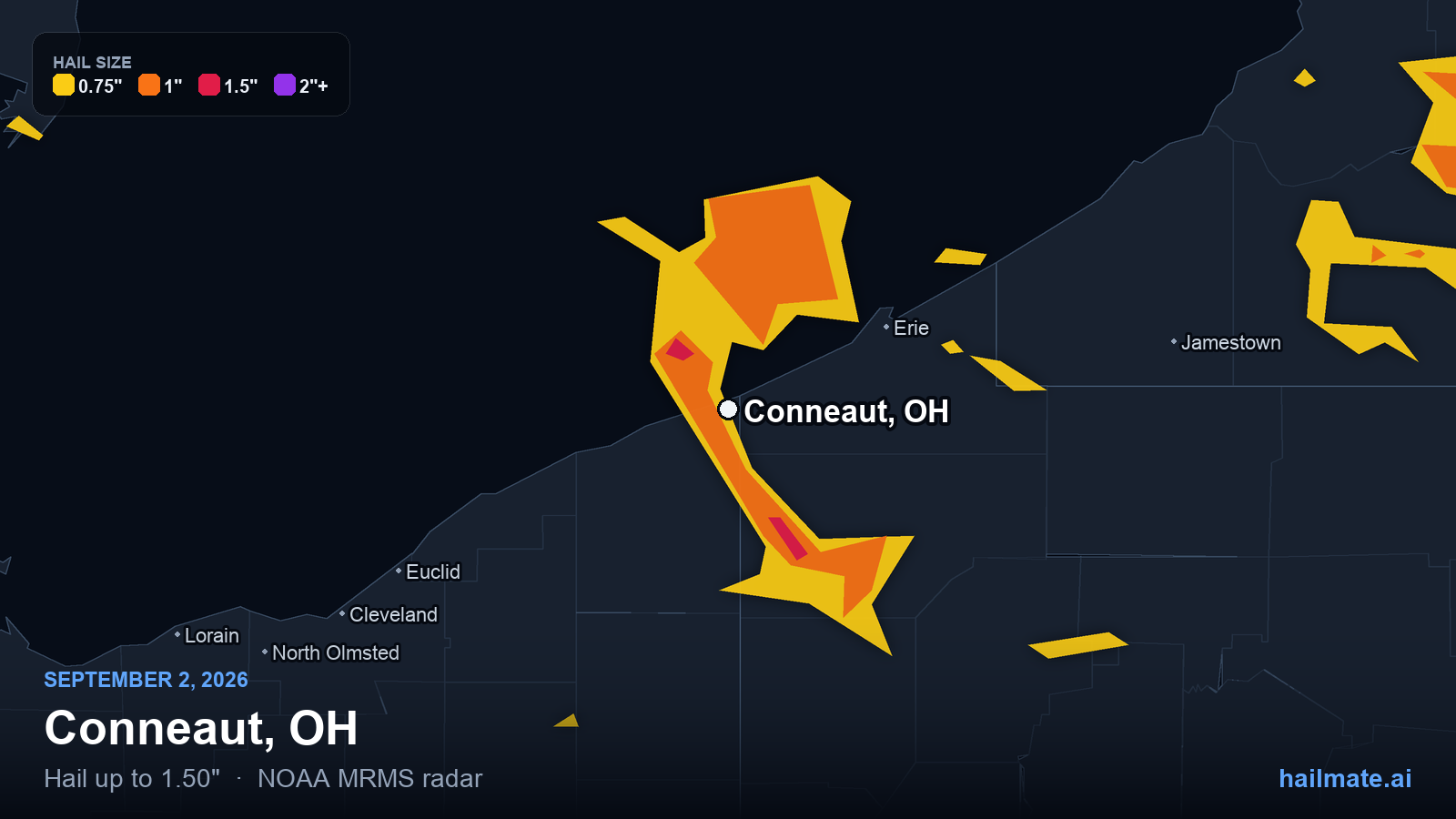 Hail swath map for Conneaut, OH on September 2, 2026 showing 1.50 inch hail.