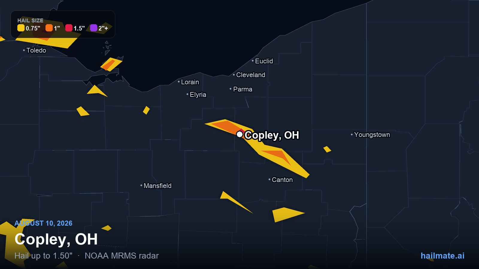 Hail swath map for Copley, OH on August 10, 2026 showing 1.50 inch hail.