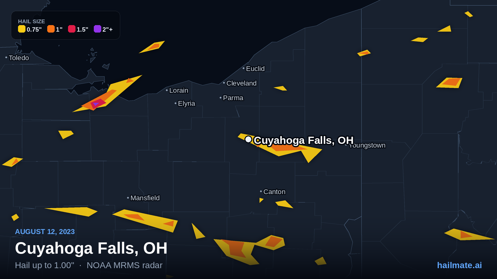 Hail swath map for Cuyahoga Falls, OH on August 12, 2023 showing 1.00 inch hail.