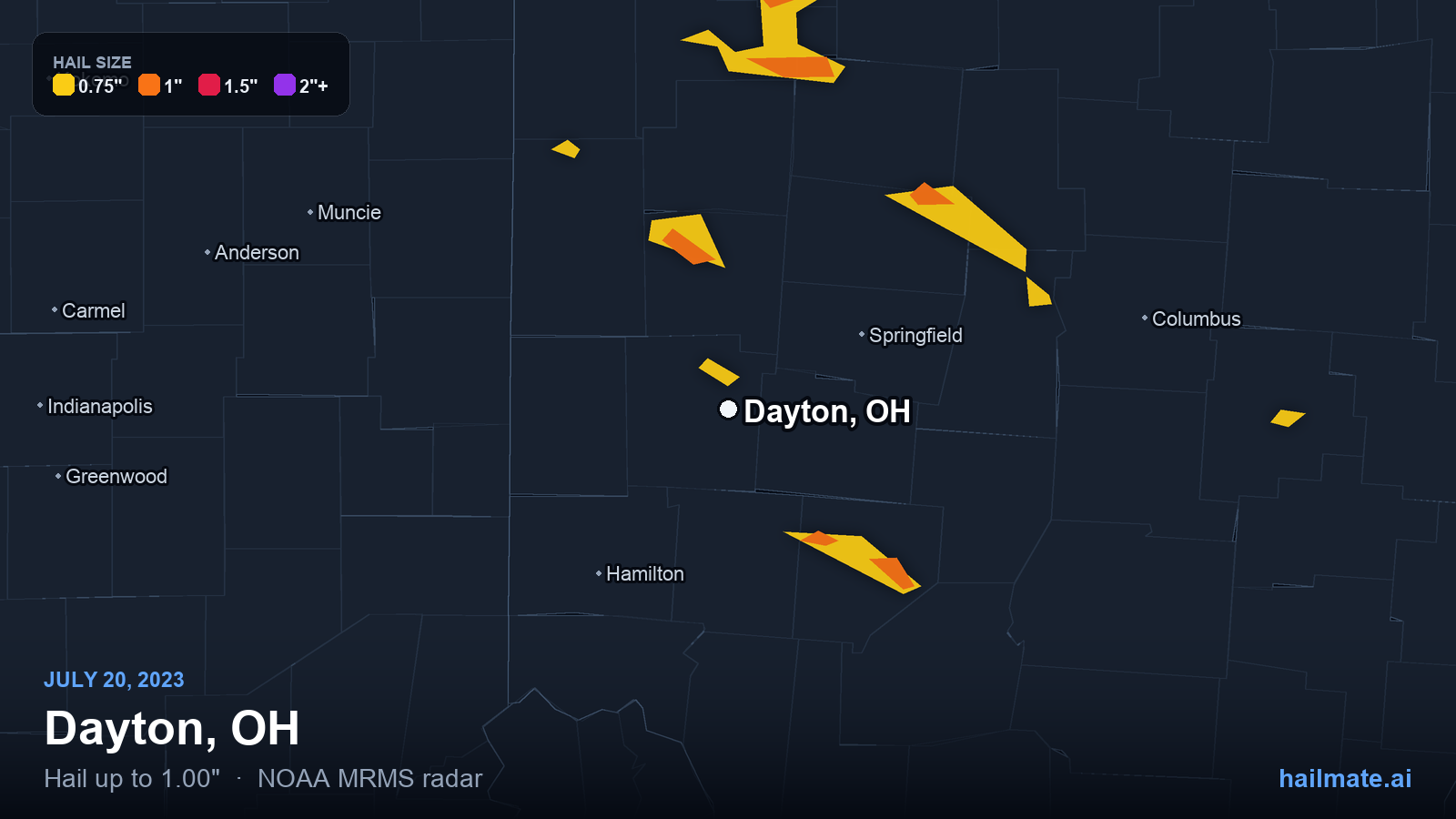 Hail swath map for Dayton, OH on July 20, 2023 showing 1.00 inch hail.