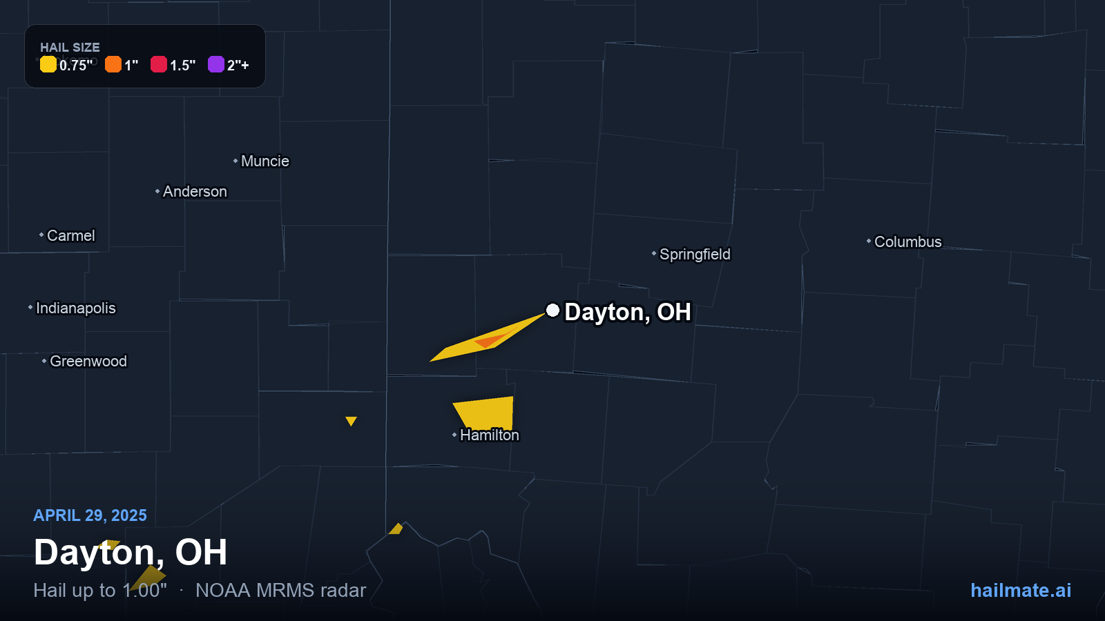 Hail swath map for Dayton, OH on April 29, 2025 showing 1.00 inch hail.