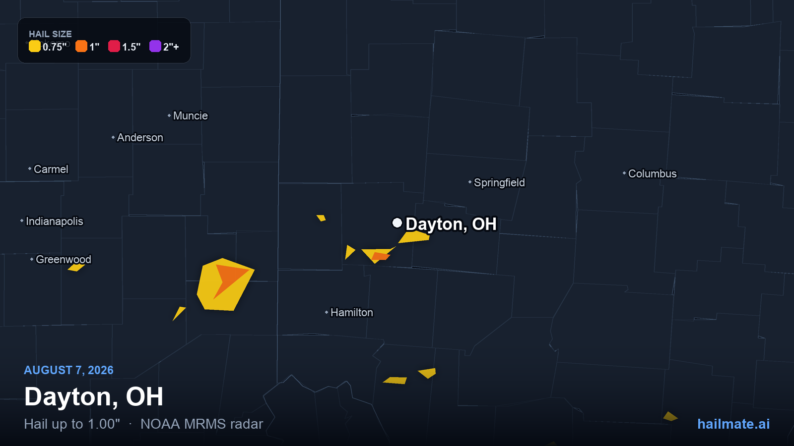 Hail swath map for Dayton, OH on August 7, 2026 showing 1.00 inch hail.