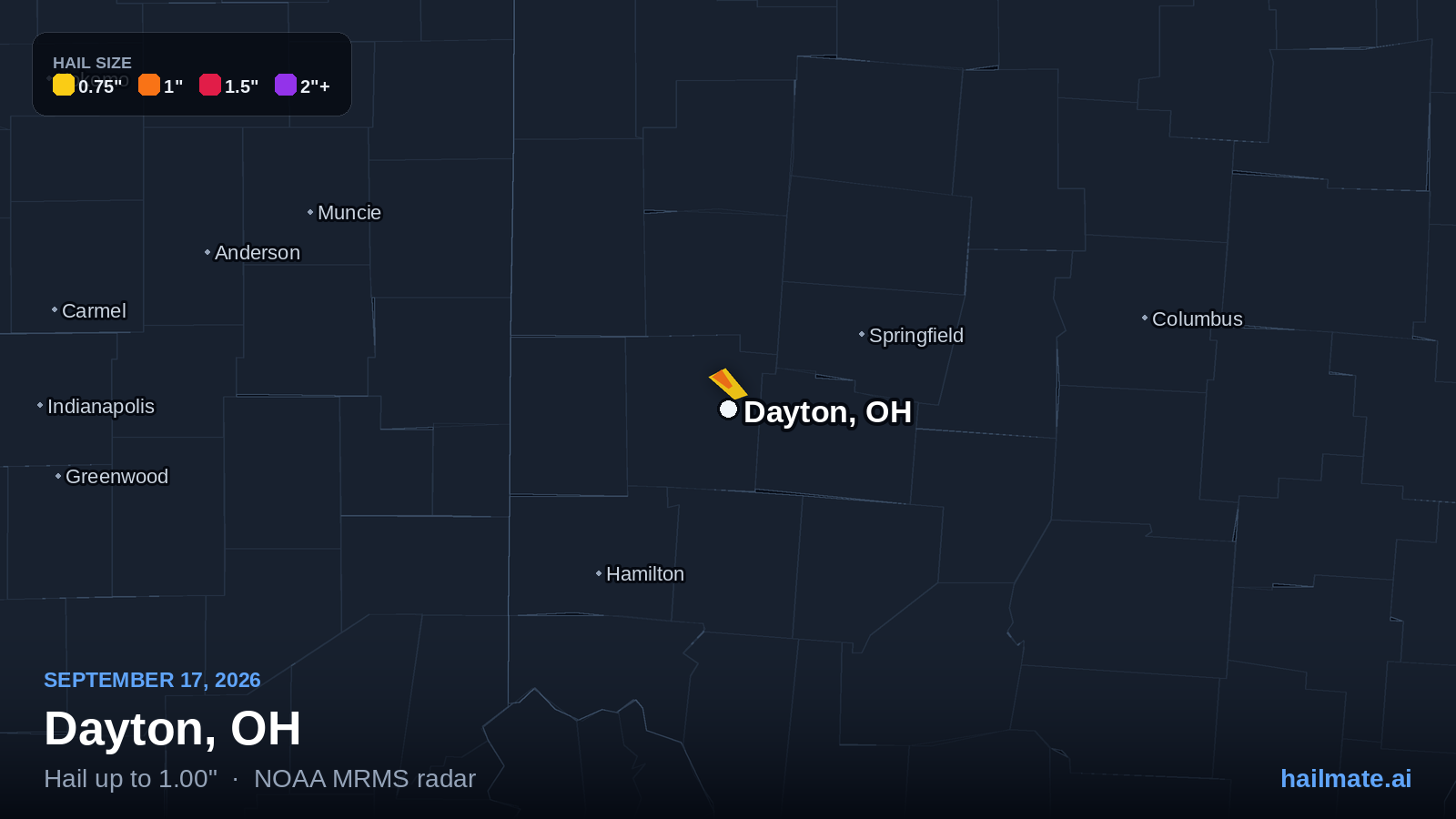 Hail swath map showing 1.00 inch hail over Dayton, Ohio on September 17, 2026.