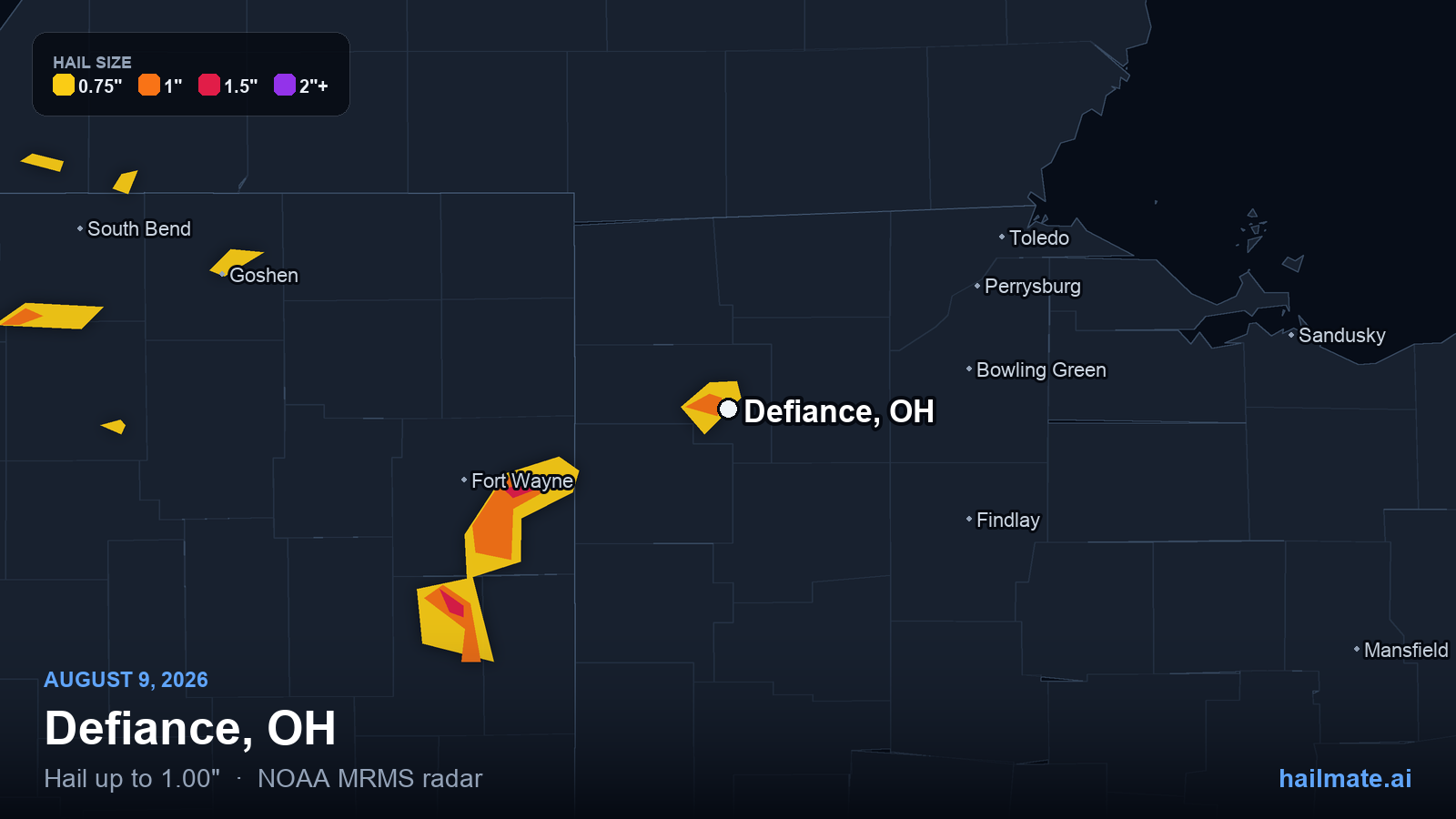 Hail swath map for Defiance, OH on August 9, 2026 showing 1.00 inch hail.