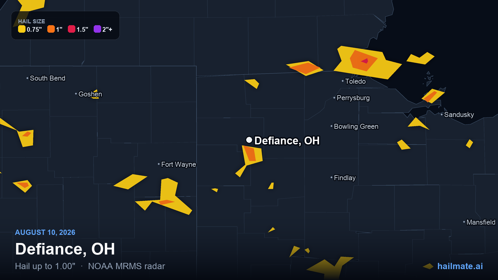 Hail swath map for Defiance, OH on August 10, 2026 showing 1.00 inch hail.