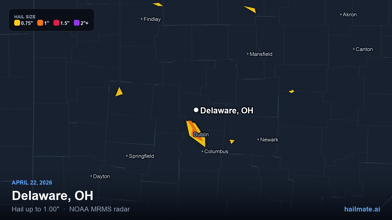 Hail swath map for Delaware, OH on April 22, 2026 showing 1.00 inch hail.