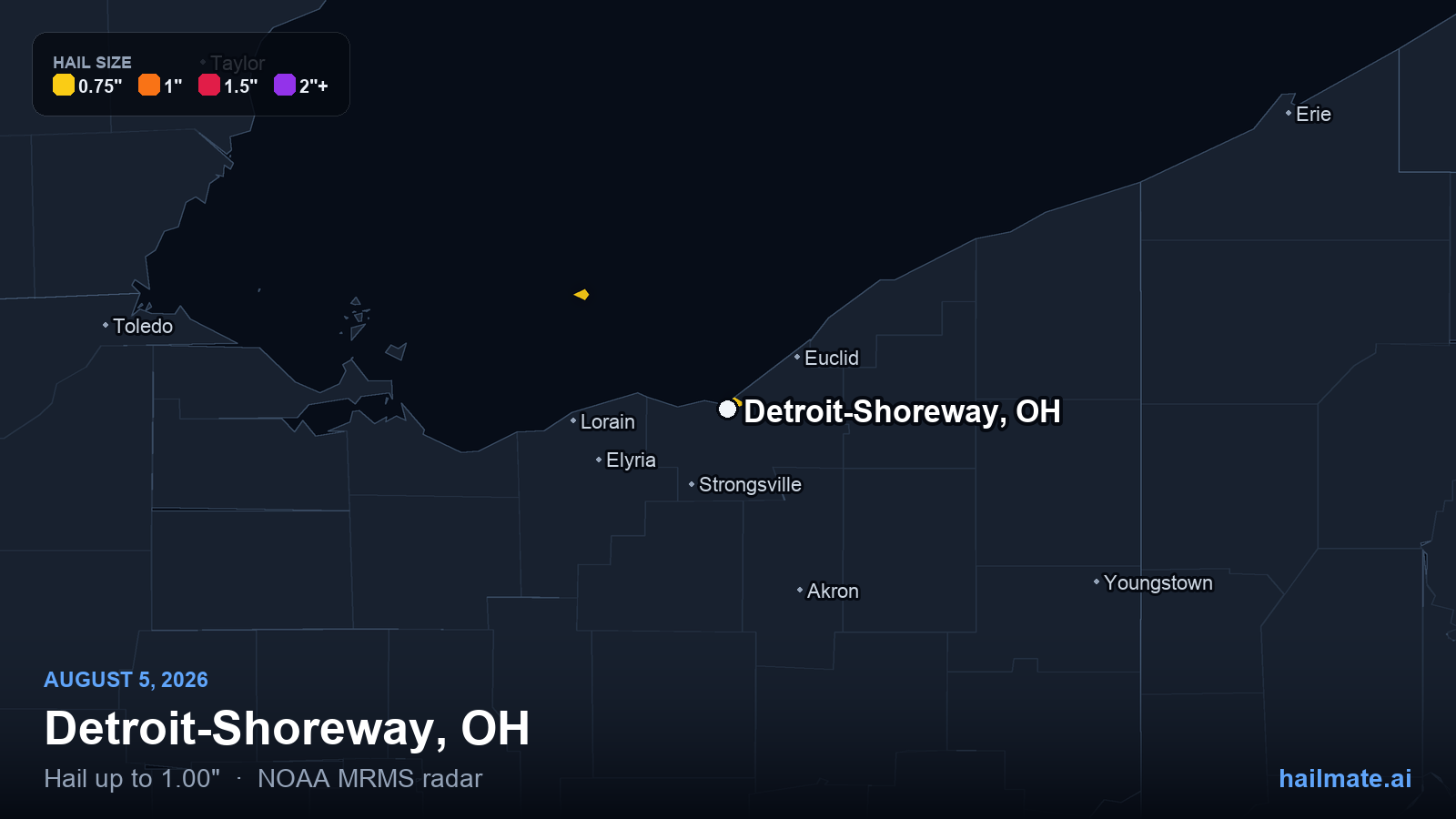 Hail swath map for Detroit-Shoreway, OH on August 5, 2026 showing 1.00 inch hail.