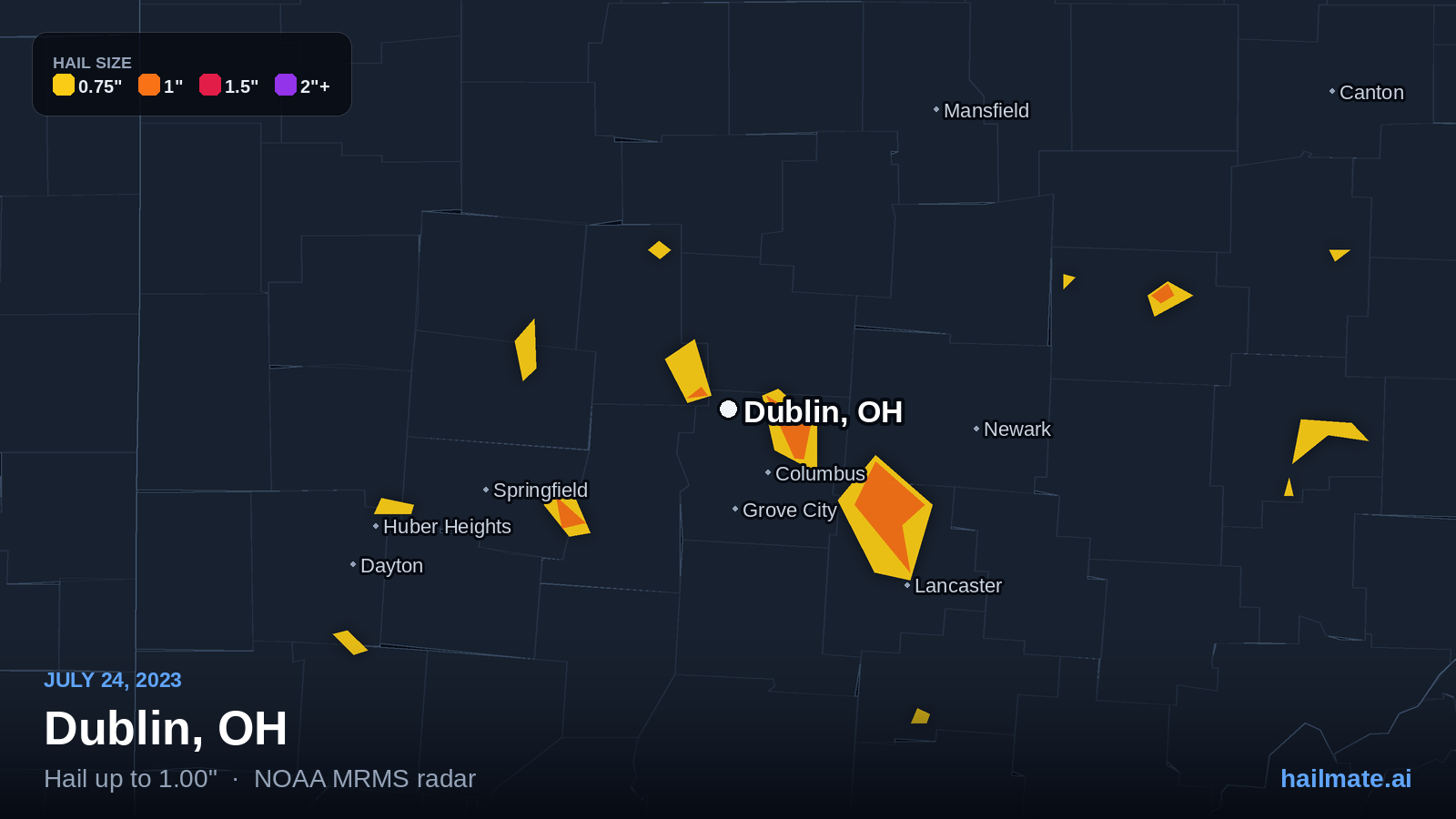 Hail swath map for Dublin, OH on July 24, 2023 showing 1.00 inch hail.