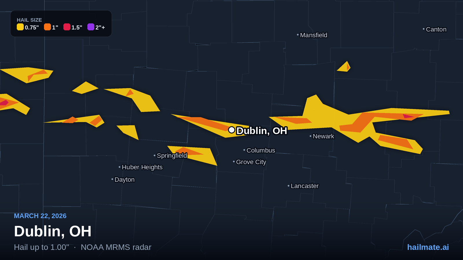 Hail swath map for Dublin, OH on March 22, 2026 showing 1.00 inch hail.