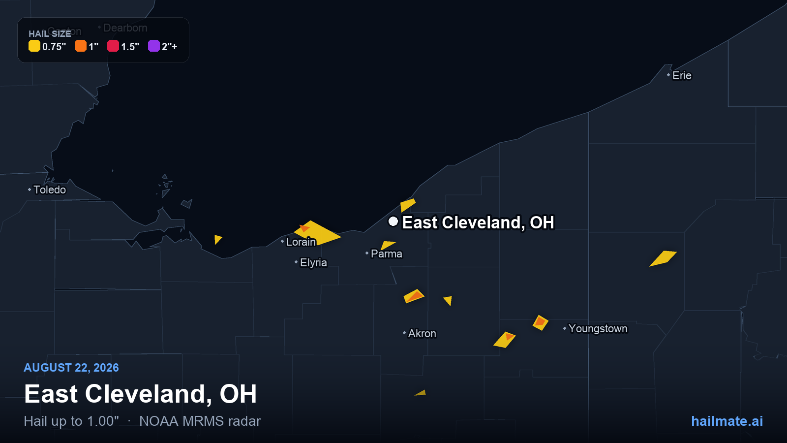 Hail swath map for East Cleveland, OH on August 22, 2026 showing 1.00 inch hail.