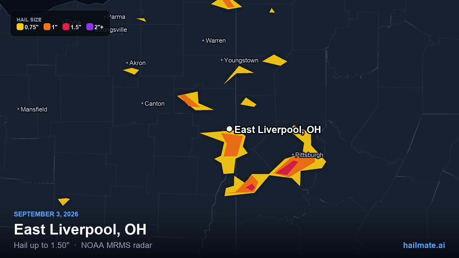 Hail swath map for East Liverpool, OH on September 3, 2026 showing 1.50 inch hail.