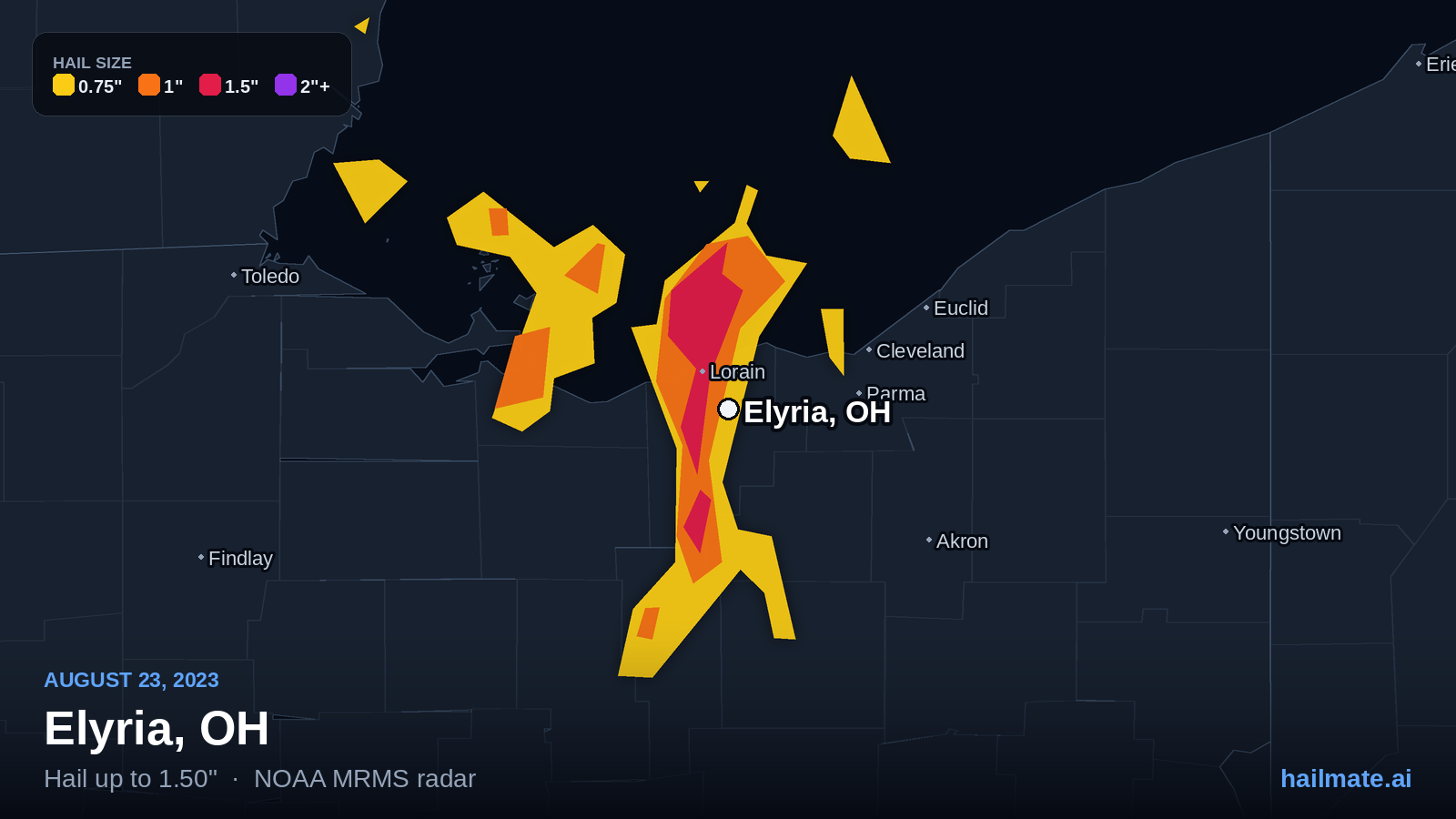 Hail swath map for Elyria, OH on August 23, 2023 showing 1.50 inch hail.