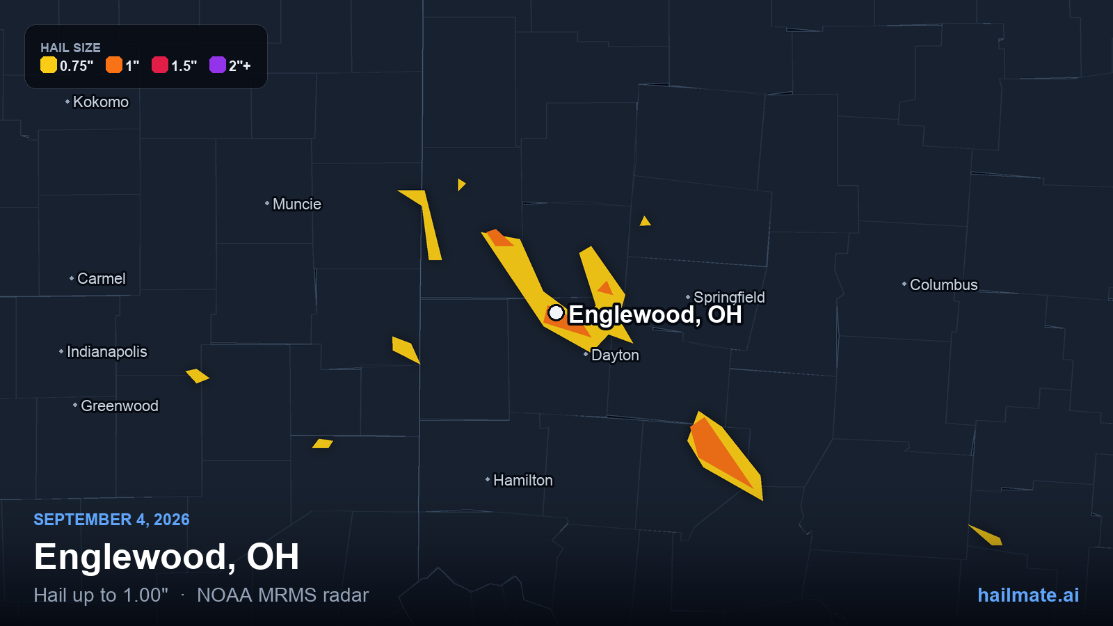 Hail swath map for Englewood, OH on September 4, 2026 showing 1.00 inch hail.