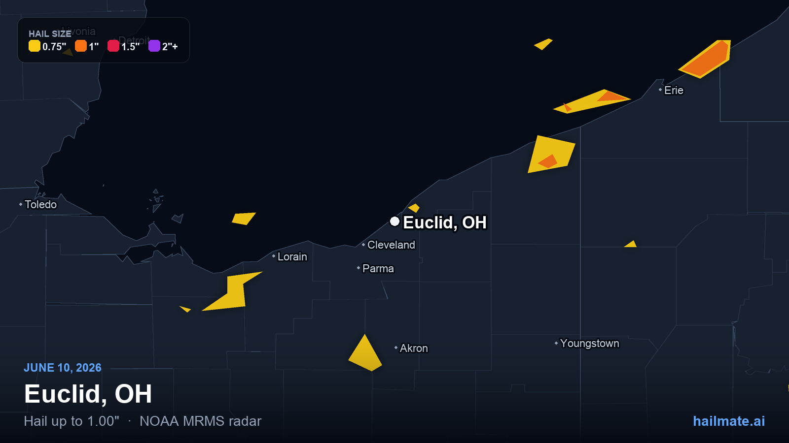Hail swath map for Euclid, OH on June 10, 2026 showing 1.00 inch hail.