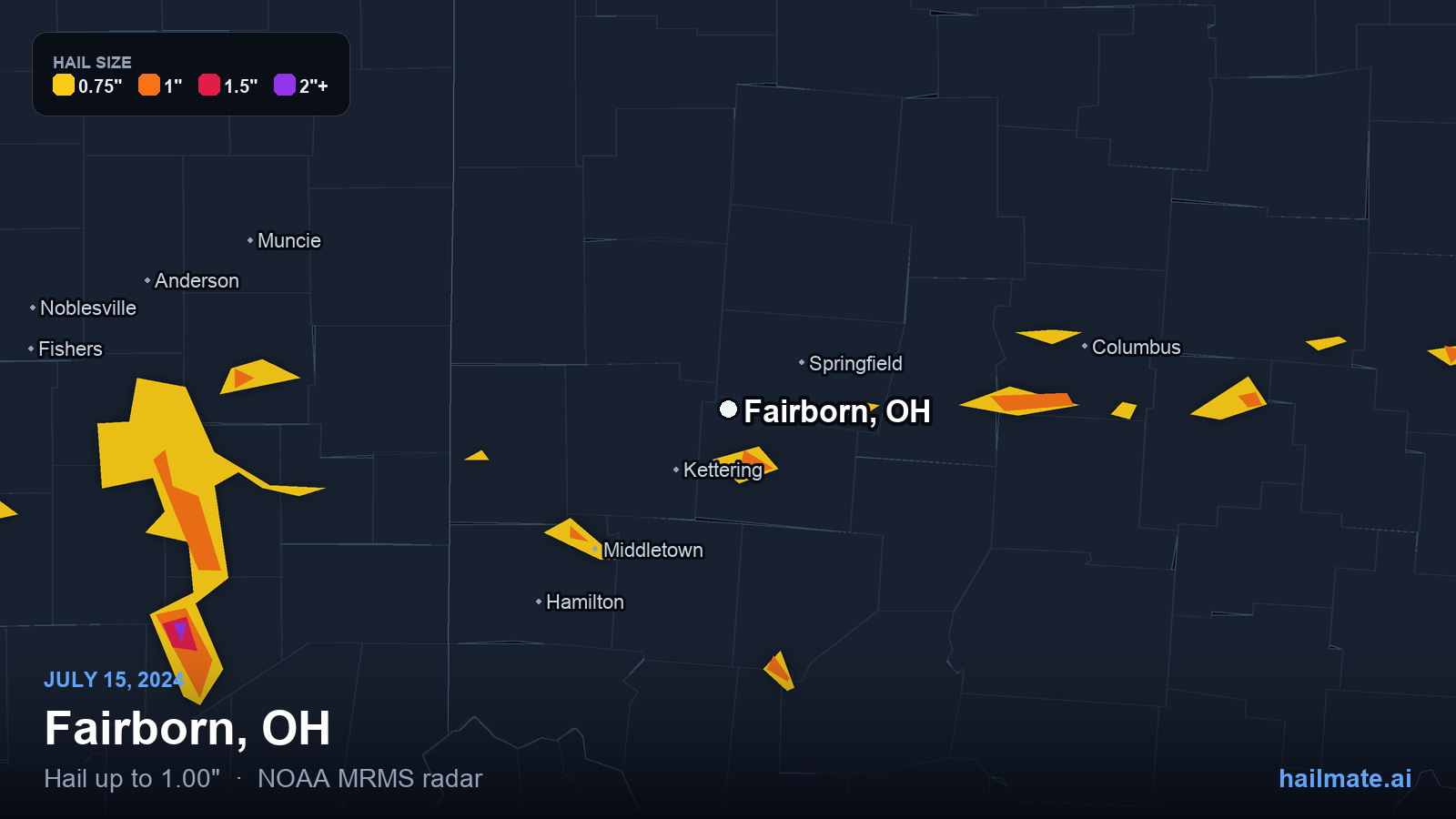 Hail swath map for Fairborn, OH on July 15, 2024 showing 1.00 inch hail.