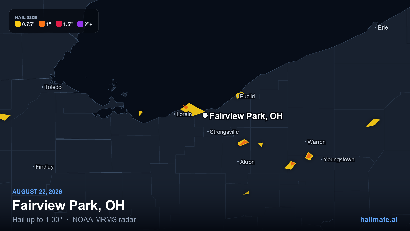 Hail swath map for Fairview Park, OH on August 22, 2026 showing 1.00 inch hail.