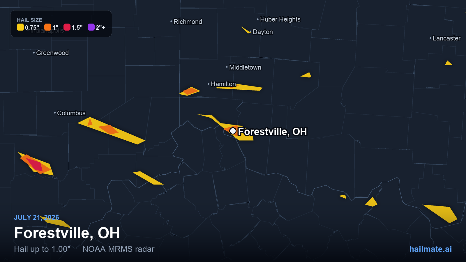 Hail swath map for Forestville, OH on July 21, 2026 showing 1.00 inch hail.