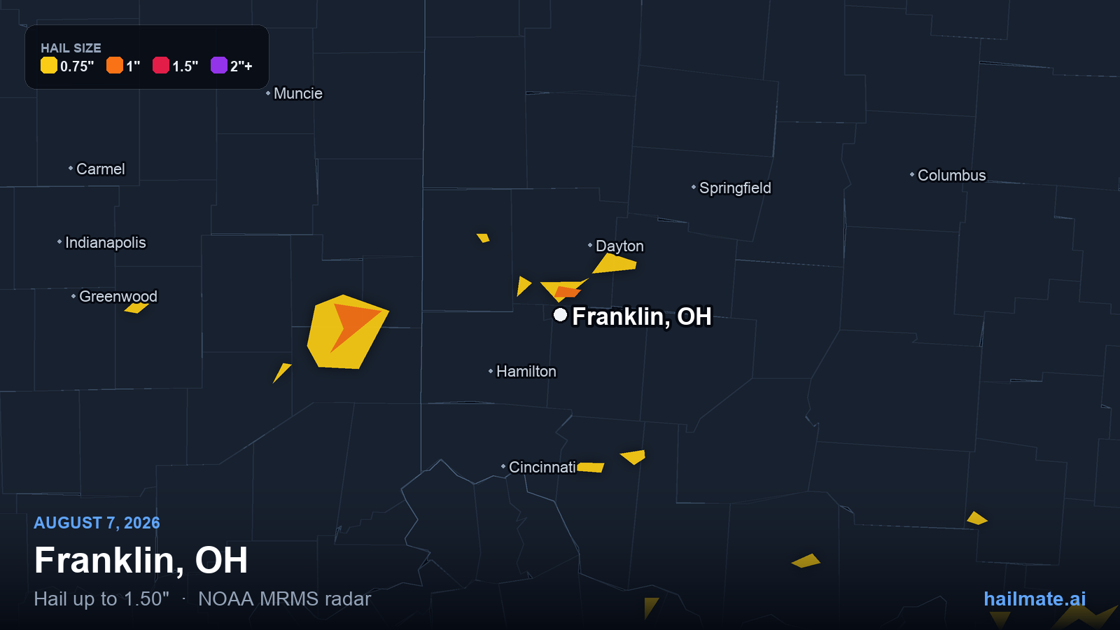 Hail swath map for Franklin, OH on August 7, 2026 showing 1.50 inch hail.