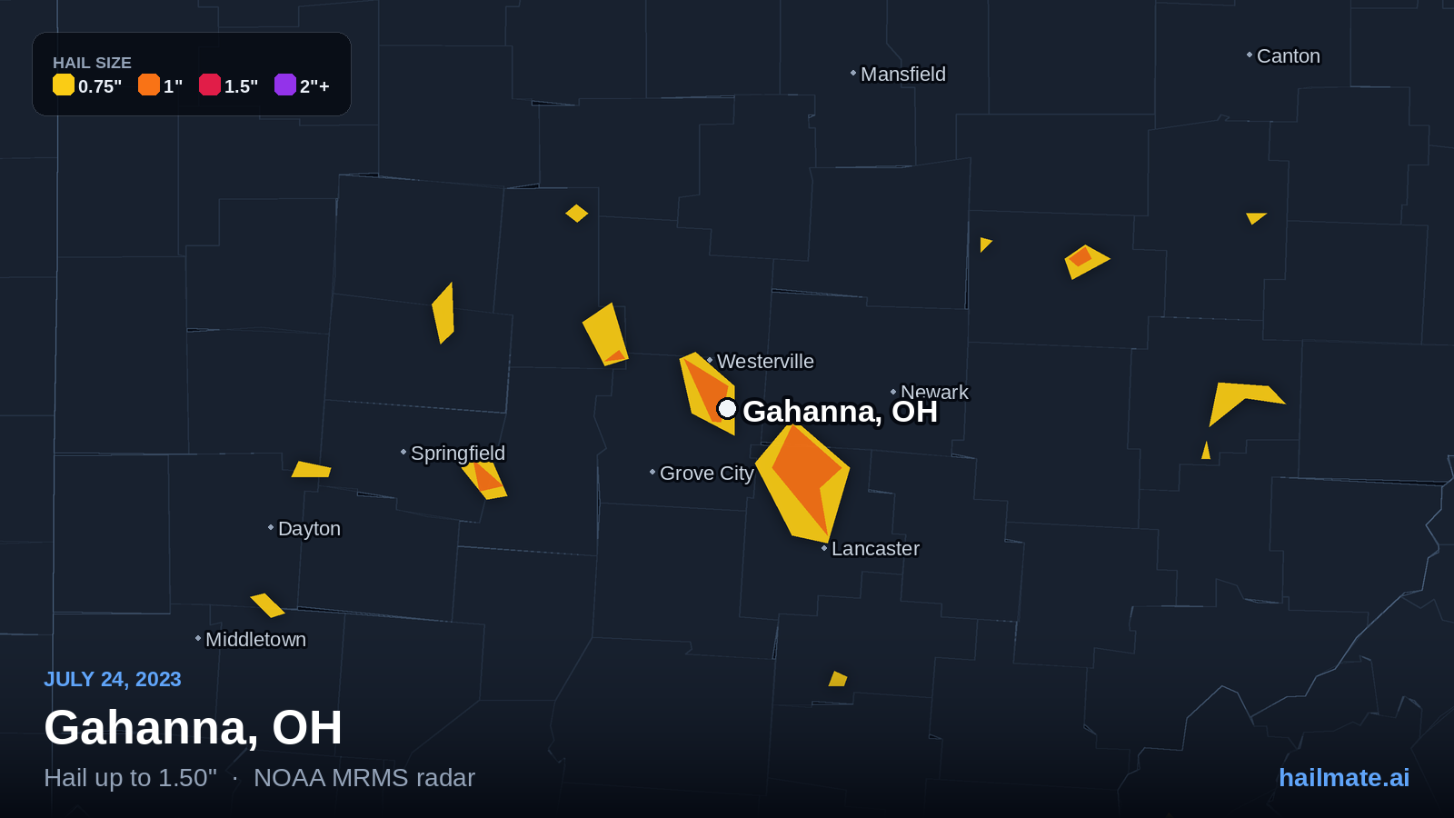 Hail swath map for Gahanna, OH on July 24, 2023 showing 1.50 inch hail.