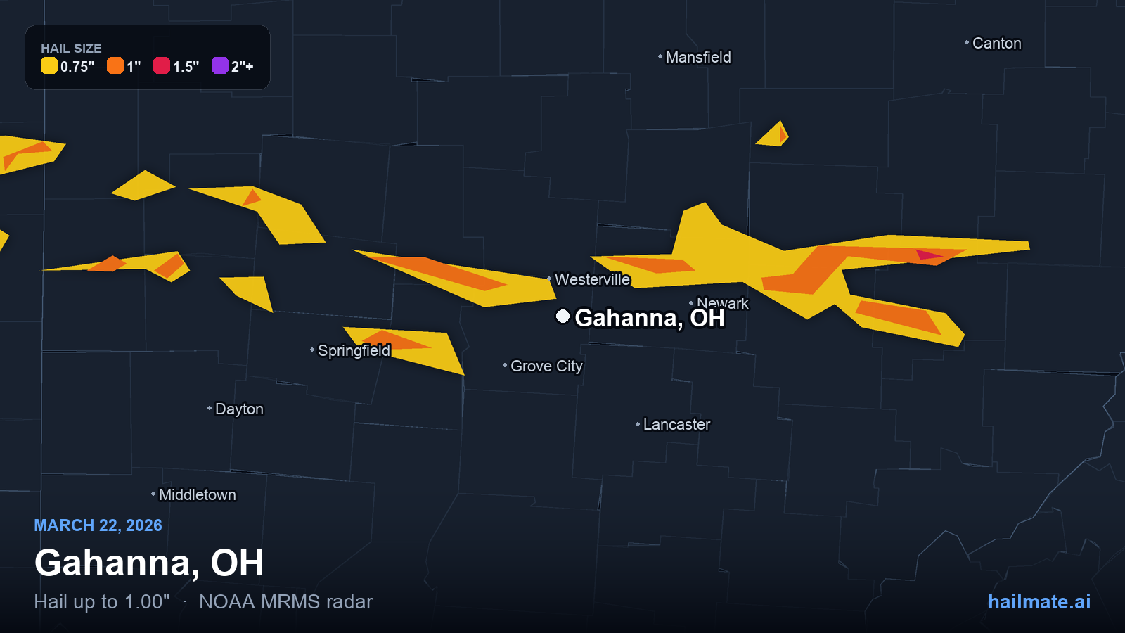 Hail swath map for Gahanna, OH on March 22, 2026 showing 1.00 inch hail.