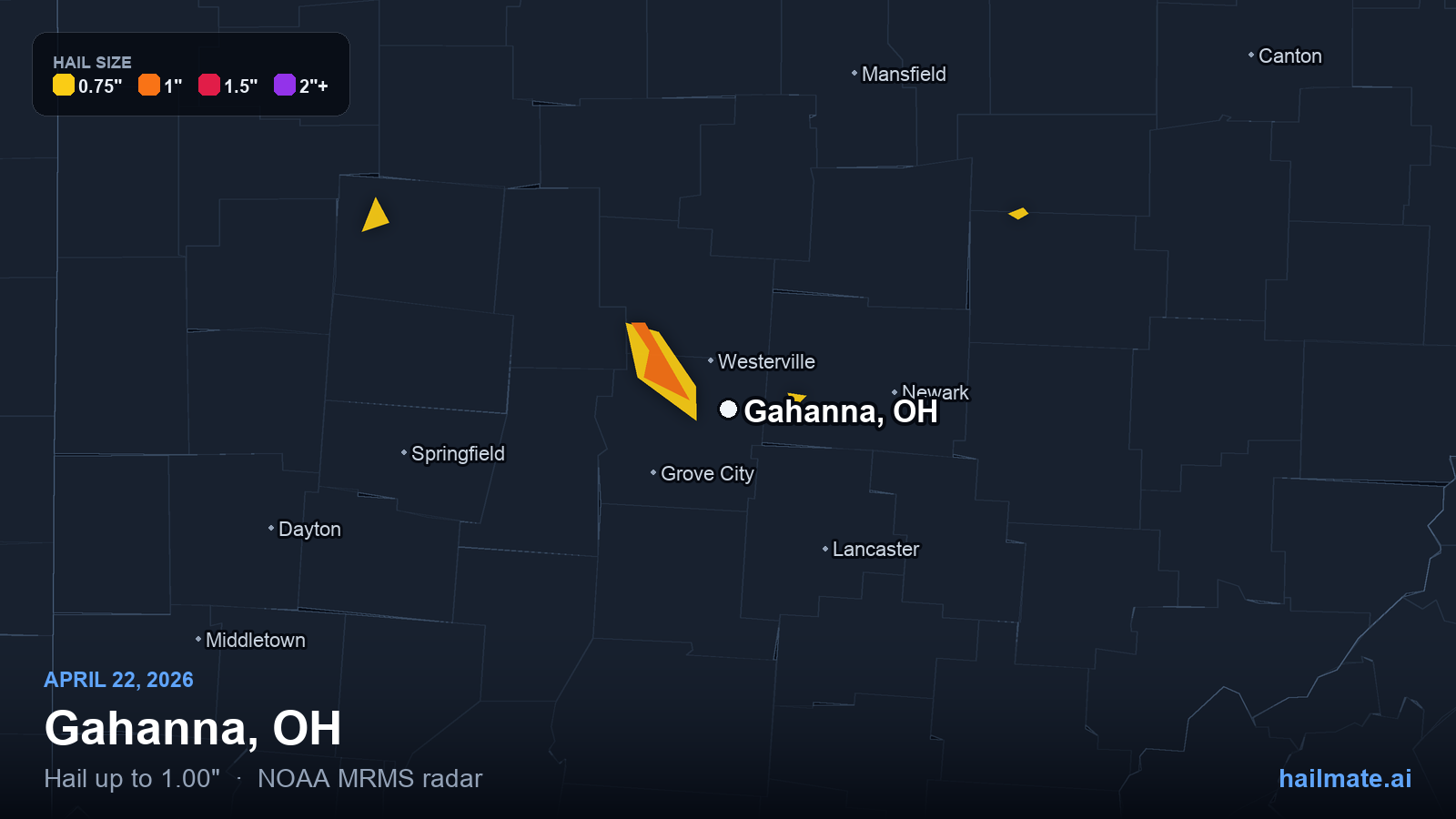 Hail swath map for Gahanna, OH on April 22, 2026 showing 1.00 inch hail.