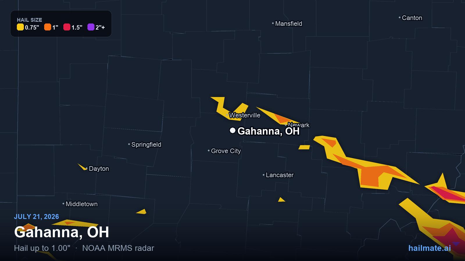 Hail swath map for Gahanna, OH on July 21, 2026 showing 1.00 inch hail.