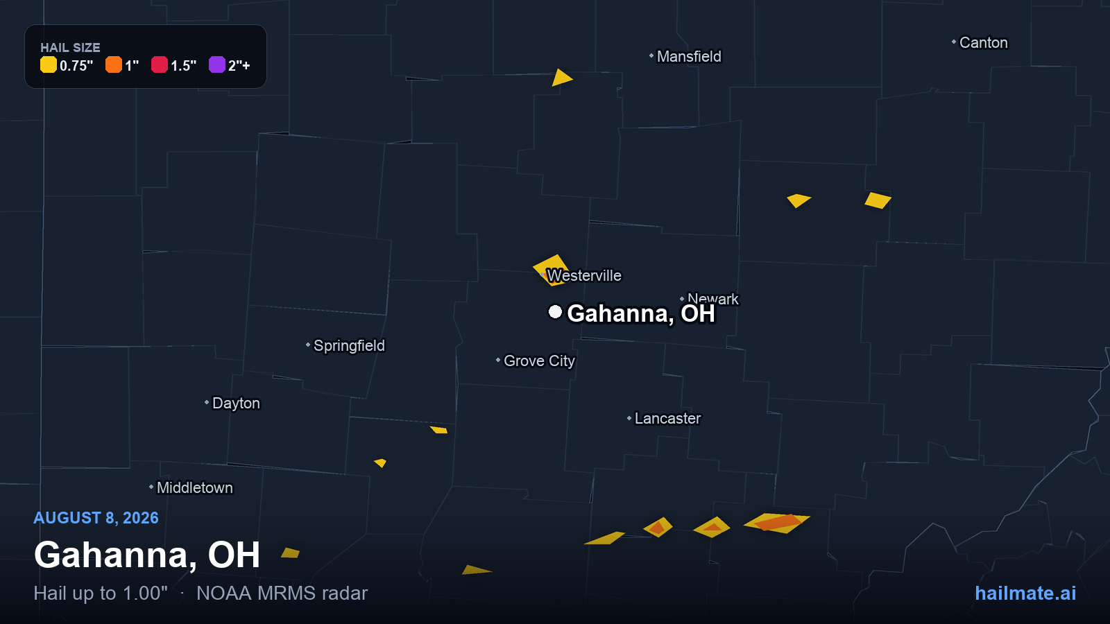 Hail swath map for Gahanna, OH on August 8, 2026 showing 1.00 inch hail.